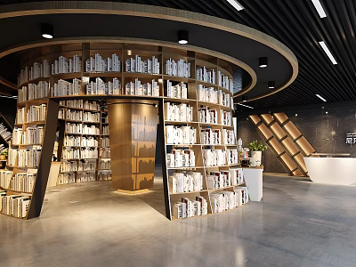 Modern Spacious Library Interior With Circular Bookshelves And Book Art 3d model