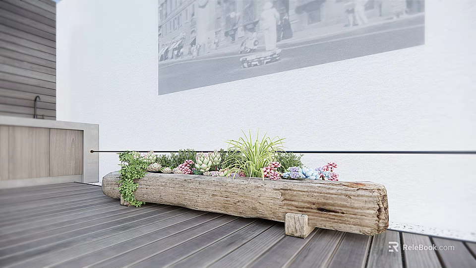 Bonsai Potted Plants In Rustic Log Planter With Colorful Flowers On Wooden Deck 3d model 