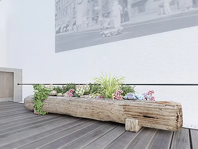 Bonsai Potted Plants In Rustic Log Planter With Colorful Flowers On Wooden Deck 3d model