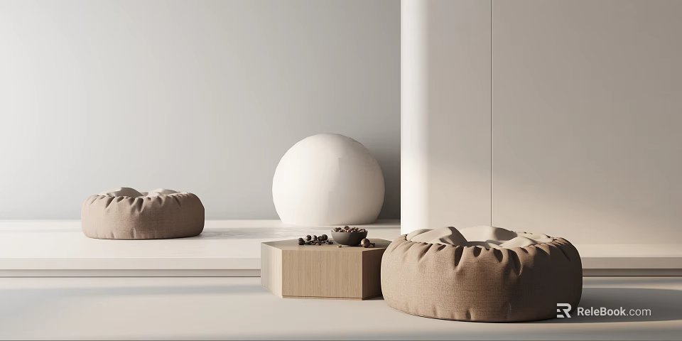 Modern Minimalist Interior Featuring Beige Linen Poufs With White Spherical Decor And Wooden Table 3d model 
