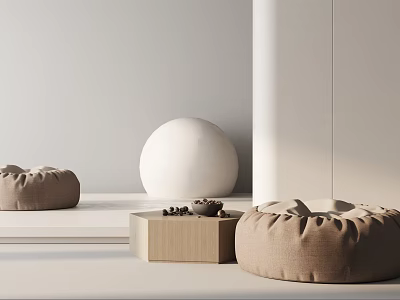 Modern Minimalist Interior Featuring Beige Linen Poufs With White Spherical Decor And Wooden Table 3d model