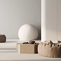 Modern Minimalist Interior Featuring Beige Linen Poufs With White Spherical Decor And Wooden Table