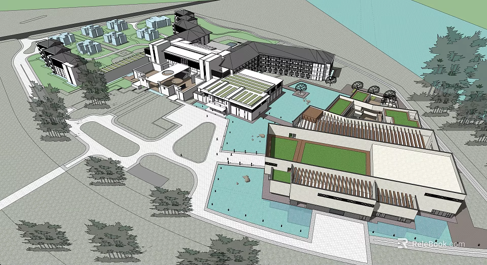 Modern Architectural Building Complex Design With Water Features Green Spaces And Pathways 3d model 