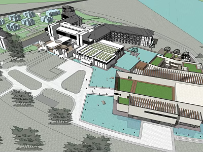 Modern Architectural Building Complex Design With Water Features Green Spaces And Pathways 3d model