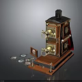 Vintage Electrical Appliance Projector With Brass Components Red Fabric Wooden Base And Surrounding Photographs