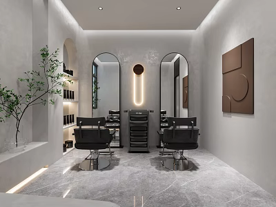 Modern Hair Salon Interior Design Featuring Gray Walls Arched Mirrors Black Chairs And Marble Flooring 3d model
