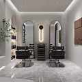 Modern Hair Salon Interior Design Featuring Gray Walls Arched Mirrors Black Chairs And Marble Flooring