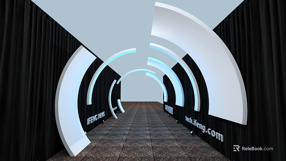 White Curved Arched Corridor Design With Black Background Brown Floor Tiles And ishangcom Logos 3d model 