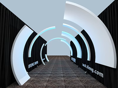 White Curved Arched Corridor Design With Black Background Brown Floor Tiles And ishangcom Logos 3d model