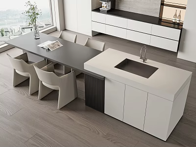 Modern Dining Table With Dark Countertop And White Chairs In Open Kitchen Space 3d model