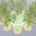 Round Wooden Flower Pots With Trees And Green Circular Ground Layout Design