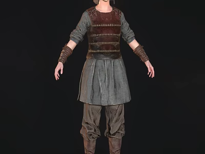 Medieval Fantasy Game Character Wearing Brown Leather Armor Gray Tunic Arm Bracers And Brown Boots 3d model