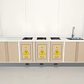 Modern Medical Devices Treatment Station With Sink And Warning Sign Waste Bins For Clinical Use