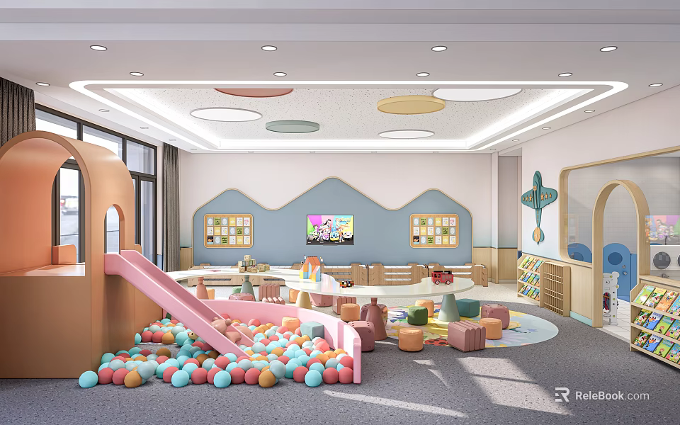 Spacious Kindergarten Indoor Play Area With Colorful Ball Pit Slide Bookshelves And Soft Seats 3d model 