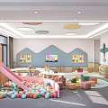 Spacious Kindergarten Indoor Play Area With Colorful Ball Pit Slide Bookshelves And Soft Seats