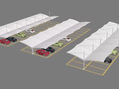 White Canopy Structures Covering Parking Spaces with Parked Cars in Modern Lot 3d model