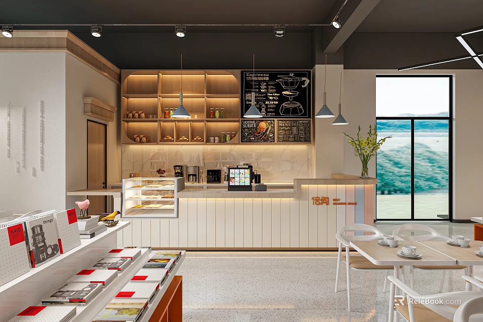 Book Art Showcase In Modern Café Interior Design 3d model 