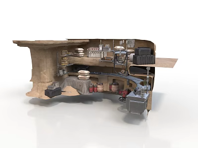 Underground Cave Storage Setup With Shelves Crates Pipes And Storage Tanks 3d model