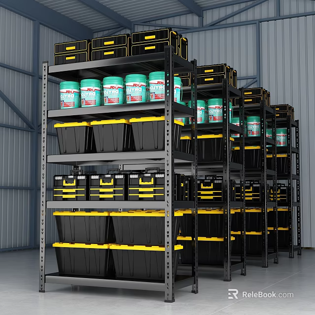 Industrial Warehouse Storage With Metal Shelves Multiple Levels Black Yellow Bins Green Drums Gray Walls 3d model 
