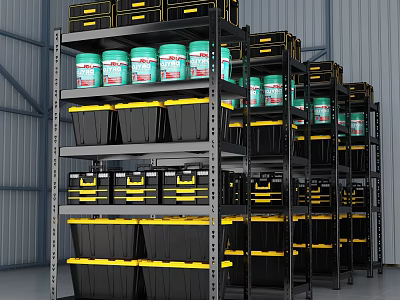 Industrial Warehouse Storage With Metal Shelves Multiple Levels Black Yellow Bins Green Drums Gray Walls 3d model