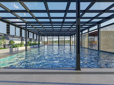 Spacious Indoor Swimming Pool With Glass Roof Large Windows And Clear Blue Water 3d model