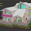 Cartoon Style Two Story House With White Roof Yellow Trim Balconies Lawn Bench Potted Plants