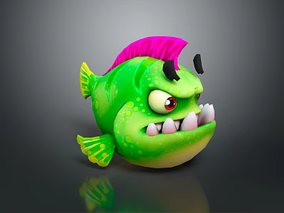 Green Fish Like Creature Character With Pink Fin Black Horns Red Eyes And Sharp Teeth 3d model