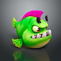 Green Fish Like Creature Character With Pink Fin Black Horns Red Eyes And Sharp Teeth