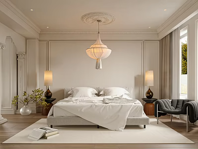 Elegant Modern Bedroom Interior With Decorative Walls Chandelier Bedside Lamps Rug Greenery Window And Armchair 3d model