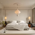 Elegant Modern Bedroom Interior With Decorative Walls Chandelier Bedside Lamps Rug Greenery Window And Armchair