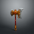 Ornate Double Bladed Axe With Golden Decorative Accents Red Wrapped Handle And Silver Blades