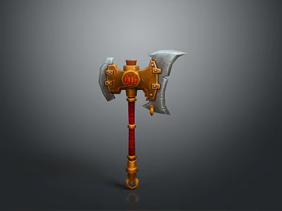Ornate Double Bladed Axe With Golden Decorative Accents Red Wrapped Handle And Silver Blades 3d model