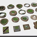 Various Tree Grate Designs Featuring Geometric Shapes Wooden Frames And Green Grass 3d model