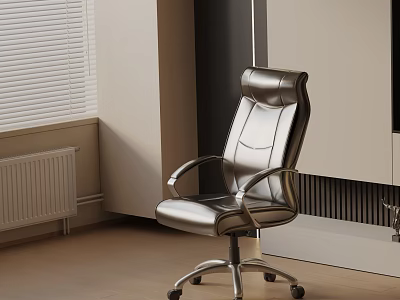 Modern Leather Office Chair With Armrests Metal Base And Wheels In Study Room 3d model