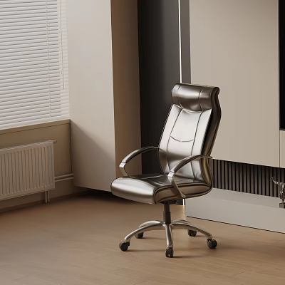 Modern Leather Office Chair With Armrests Metal Base And Wheels In Study Room 3d model