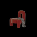 Modern Red Leather Accent Chair With Curved Arms Legs And Plaid Blanket