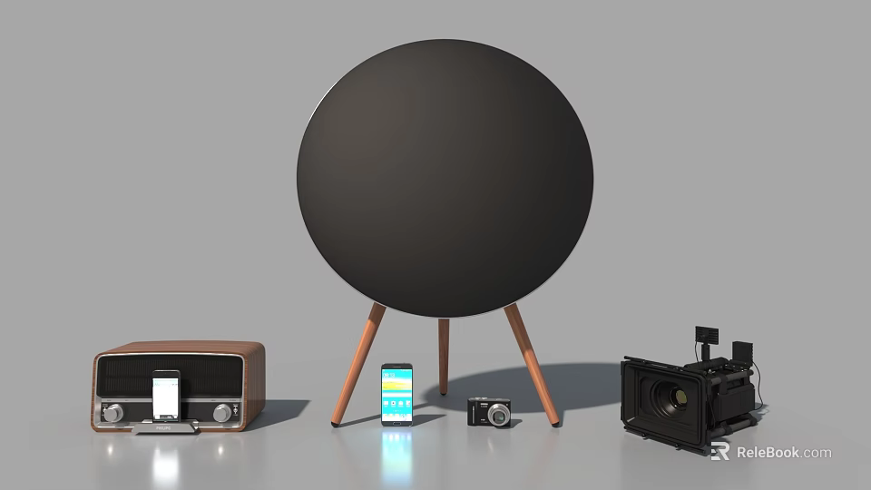 Black Round Speaker with Wooden Legs and Vintage Radio Smartphones Cameras 3d model 