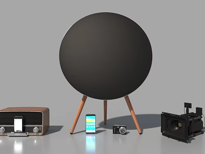 Black Round Speaker with Wooden Legs and Vintage Radio Smartphones Cameras 3d model