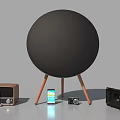 Black Round Speaker with Wooden Legs and Vintage Radio Smartphones Cameras