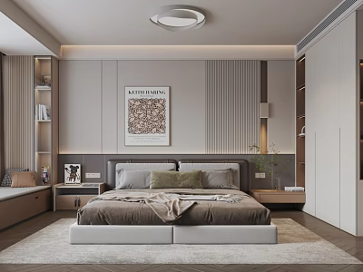 Modern Bedroom Interior Design With Large Bed Decorative Painting Nightstands And Wardrobe 3d model