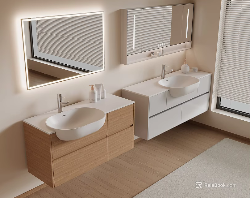 Modern Double Bathroom Vanity Cabinets Wooden White With Lighted Mirrors And Sinks 3d model 