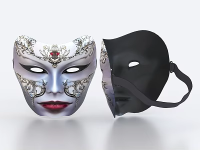 White And Black Decorative Mask Ornament Set With Silver Embellishments And Red Gemstone 3d model