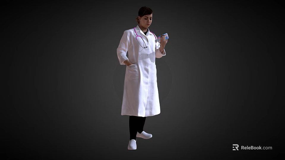 A Woman In White Doctor Coat With Stethoscope Holding Cup Against Dark Background 3d model 