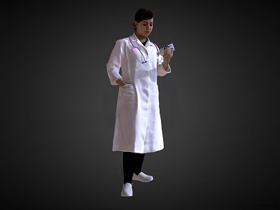 A Woman In White Doctor Coat With Stethoscope Holding Cup Against Dark Background 3d model