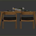 Wooden Dining Table Set With Four Chairs Tableware Placemats And Flower Vase
