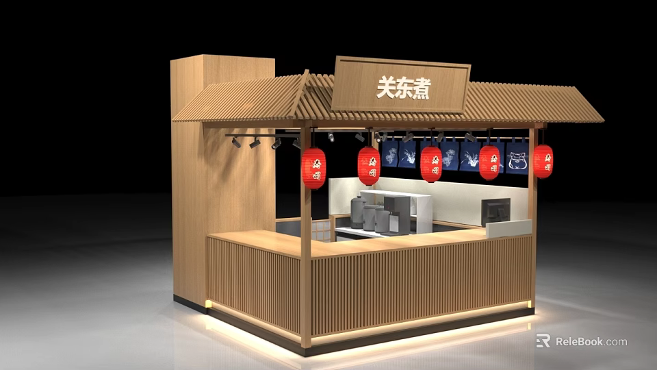Japanese Style Oden Food Stall With Wooden Structure And Red Lanterns 3d model 