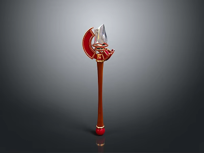 Red And Gold Decorative Axe With Wooden Handle And Sharp Metal Blade Design 3d model