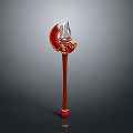 Red And Gold Decorative Axe With Wooden Handle And Sharp Metal Blade Design
