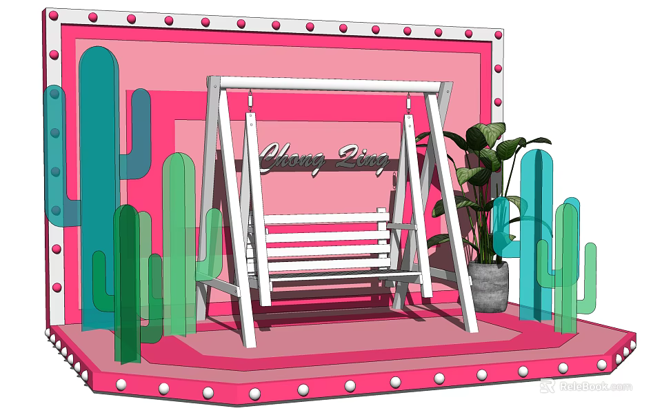 Pink Stage With Neon Polka Dot Frame White Swing Cactus Patterns And Green Potted Plant 3d model 