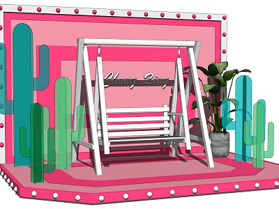 Pink Stage With Neon Polka Dot Frame White Swing Cactus Patterns And Green Potted Plant 3d model
